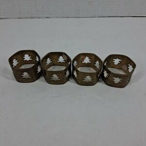 Vintage Brass Christmas Tree Napkin Rings Set of 4 Hexagon Holiday Gold India